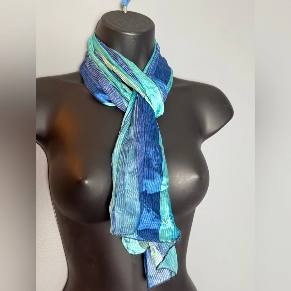 Marc Rozier Paris France Vintage 100% Sheer Silk Scarf 15x52 Turquoise & Blue